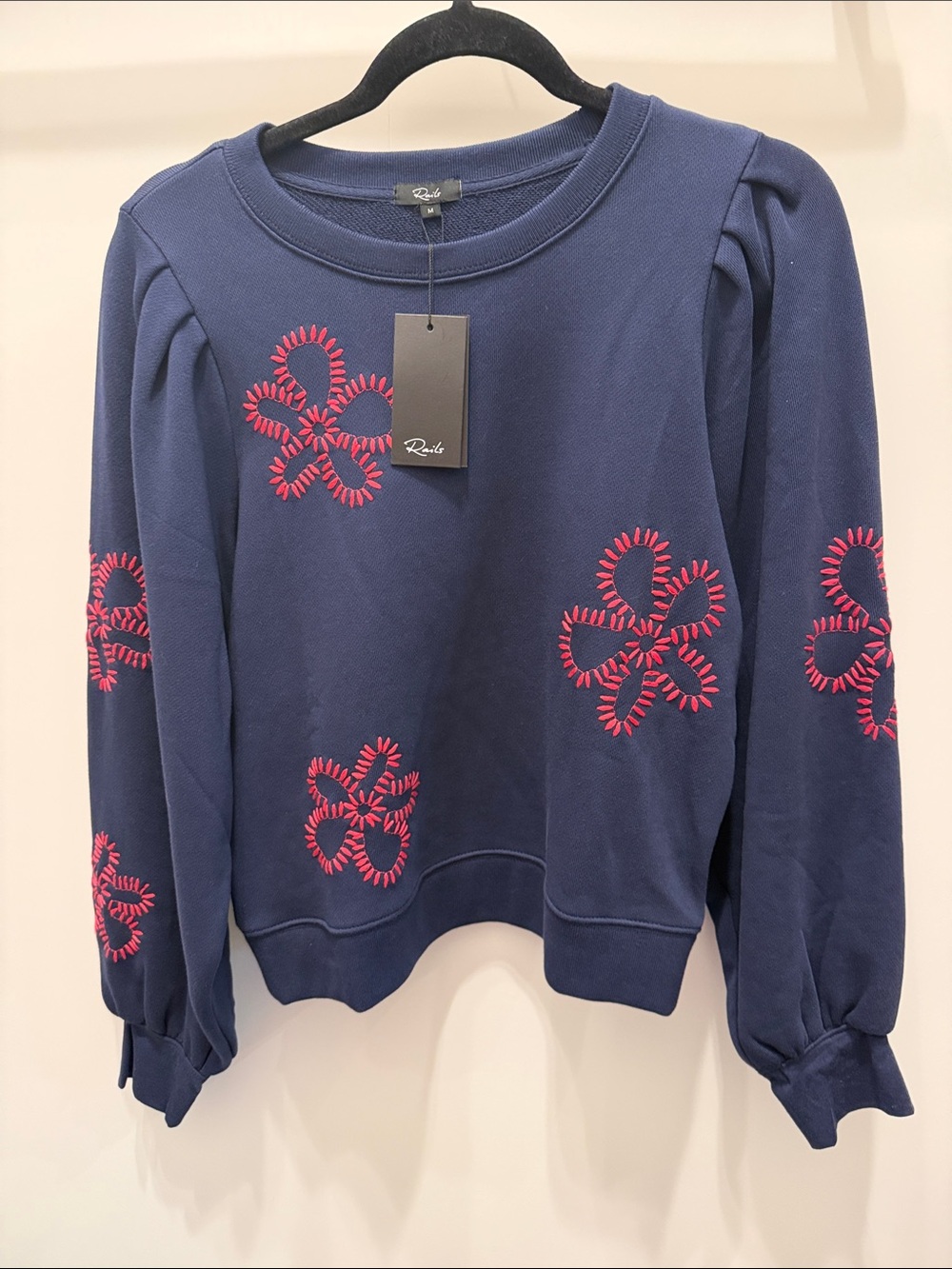 Rails Tiffany Navy Sweatshirt with Hot Pink Embroidery Floral Accents Size M NWT